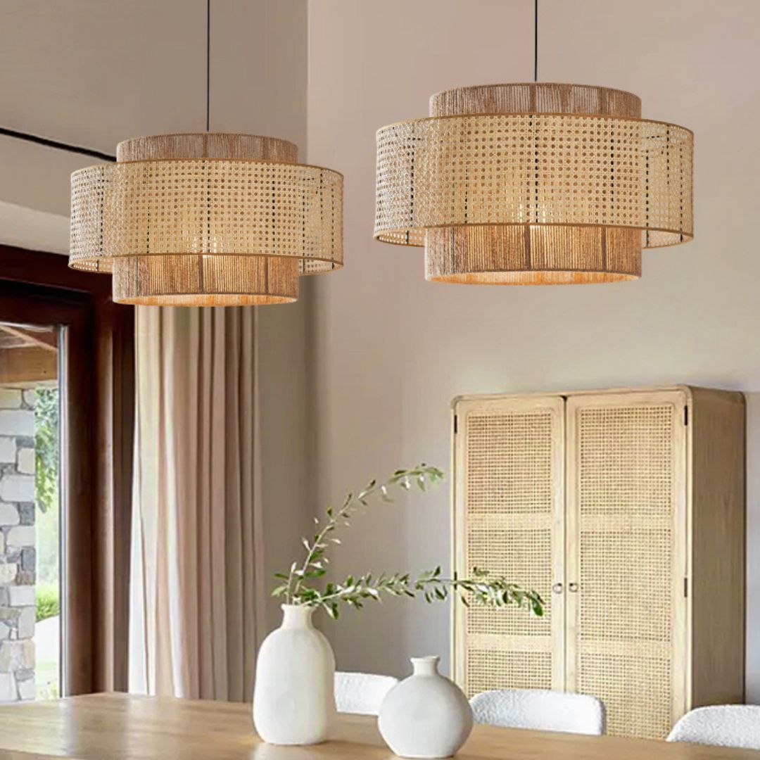 Natural Woven Rattan and Hemp Rope Rustic Pendant Light Fixture