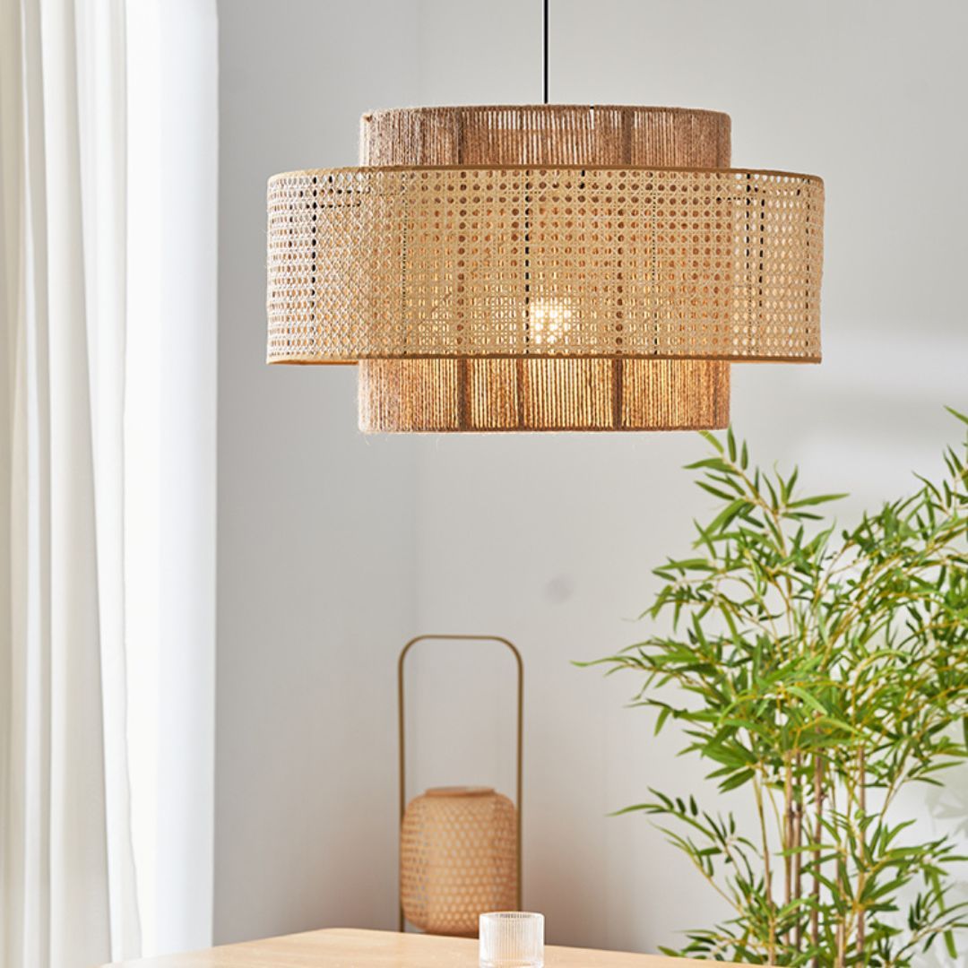 Natural Woven Rattan and Hemp Rope Rustic Pendant Light Fixture