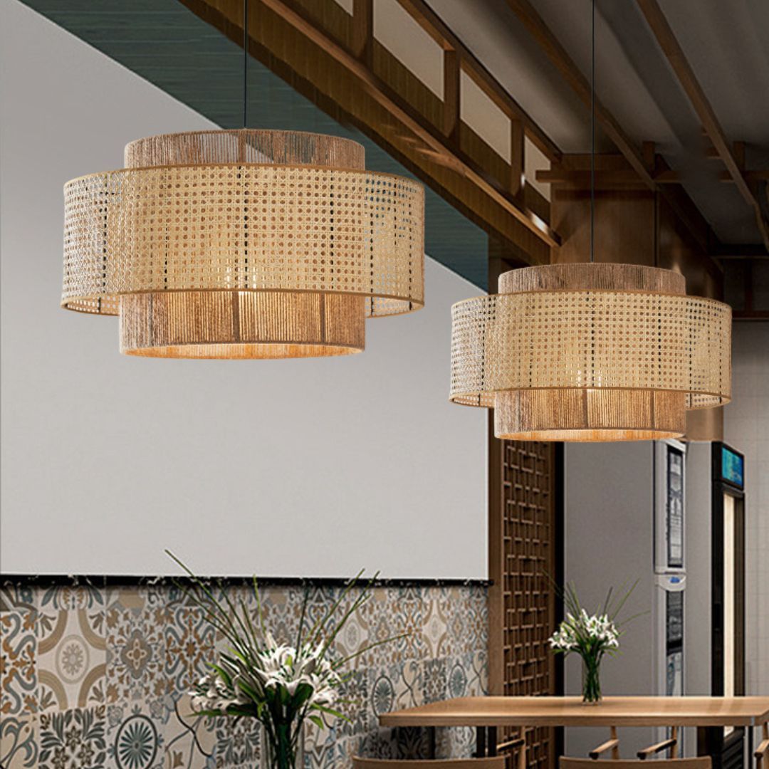 Natural Woven Rattan and Hemp Rope Rustic Pendant Light Fixture