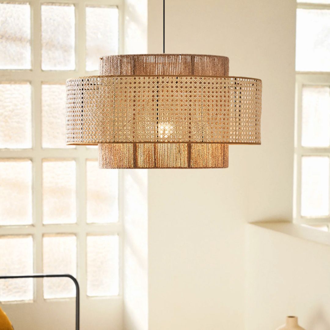 Natural Woven Rattan and Hemp Rope Rustic Pendant Light Fixture