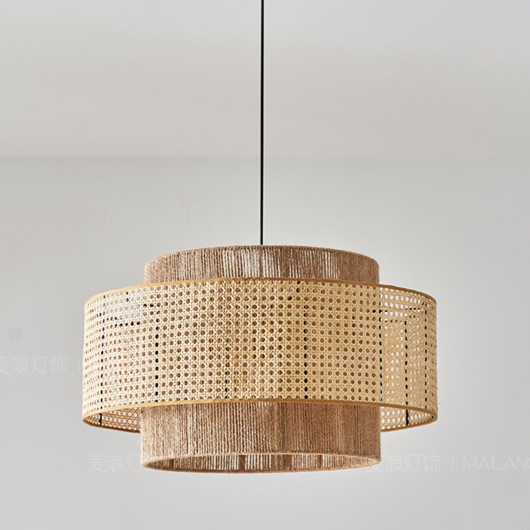 Natural Woven Rattan and Hemp Rope Rustic Pendant Light Fixture