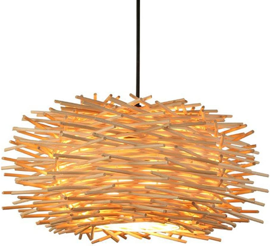 Wood-Colored Bamboo Art Bird's Nest Spiral Pendant Light