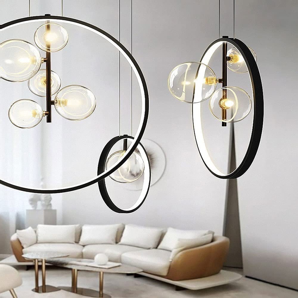 Minimalist LED Glass Globe in Black Ring Pendant Light