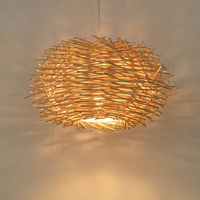 Wood-Colored Bamboo Art Bird's Nest Spiral Pendant Light