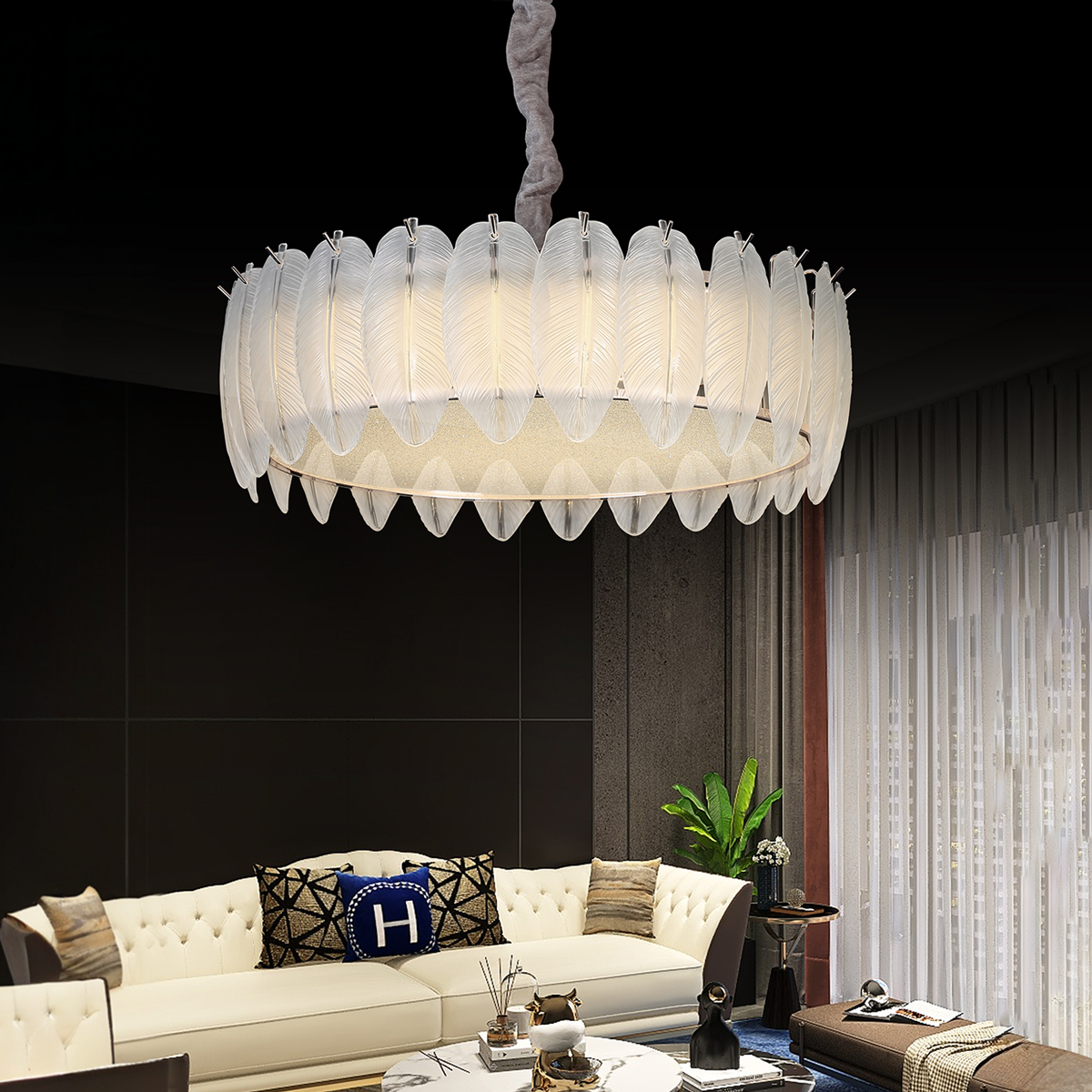 Glass Feather-Inspired Dimmable Pendant Light