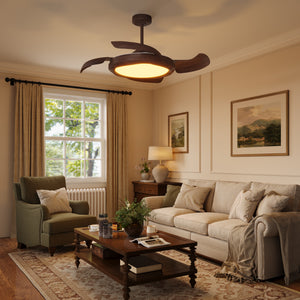 Walnut effect fan light in a cream British living room with beige sofa