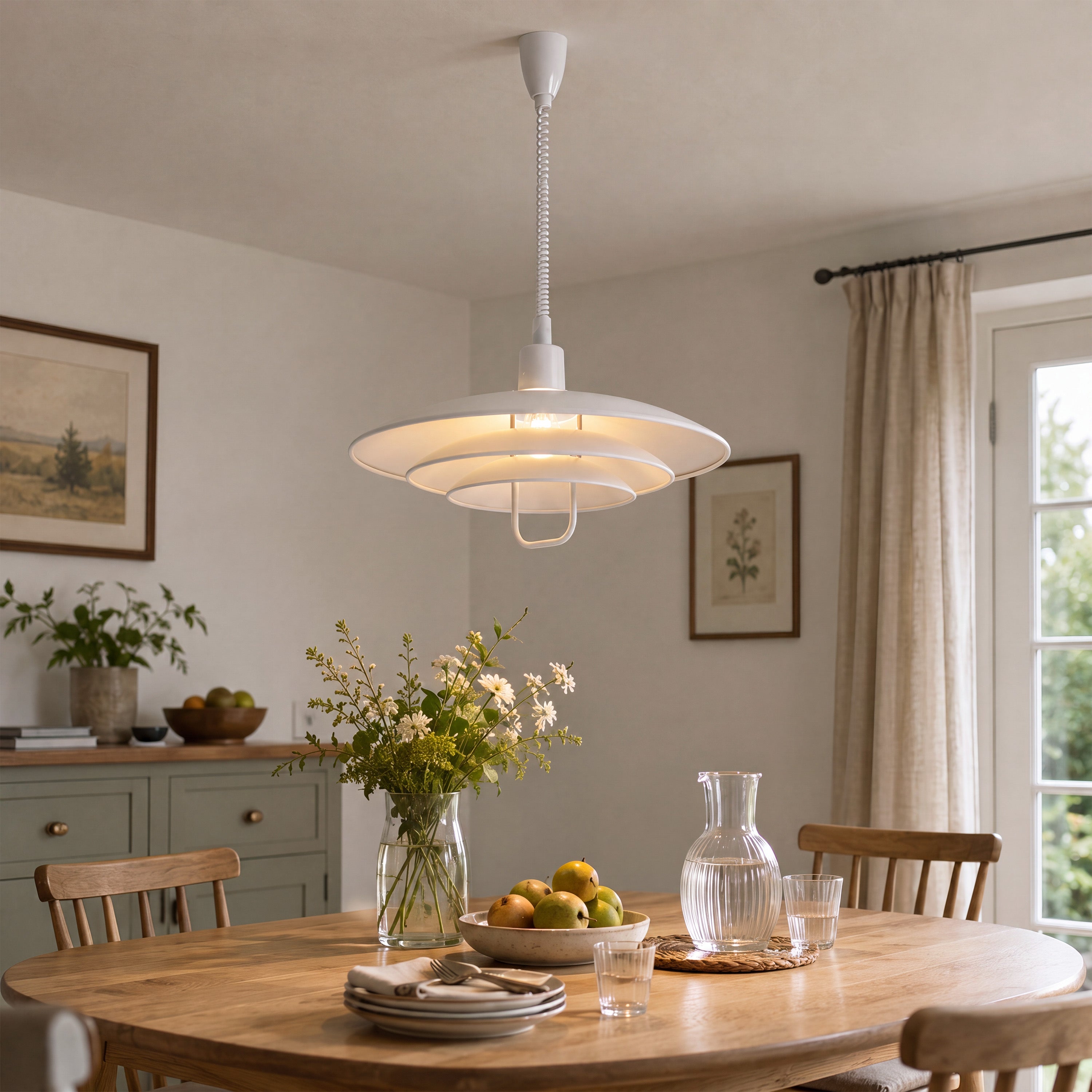 white layered minimalist pendant light over a kitchen island