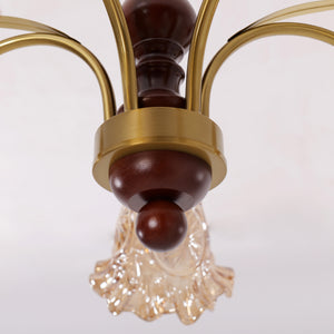 5-light copper chandelier with flower glass shades in an elegant lounge setting