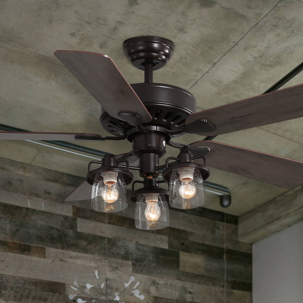 Wooden Ceiling Fan With 3 Head Lights & Remote