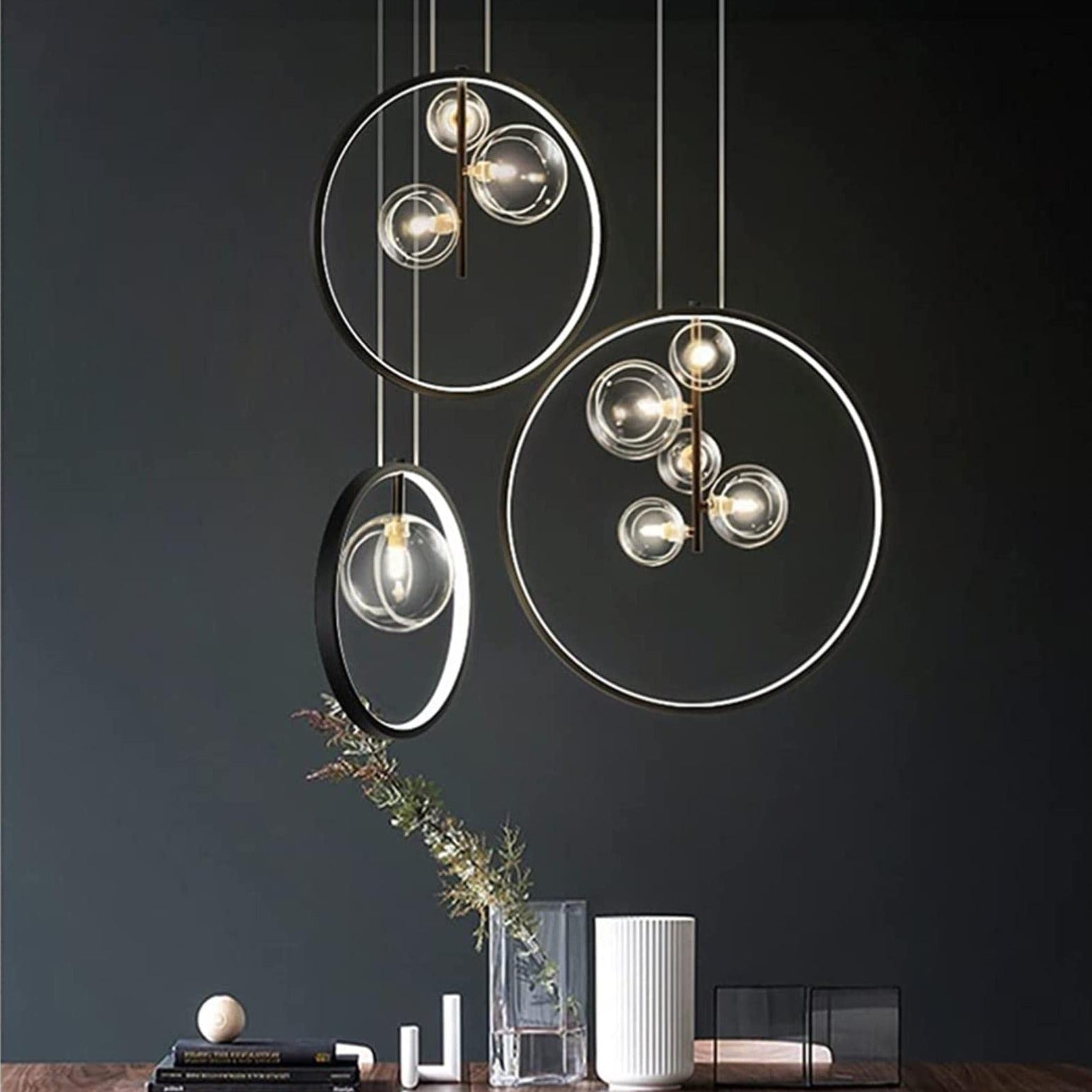 Minimalist LED Glass Globe in Black Ring Pendant Light