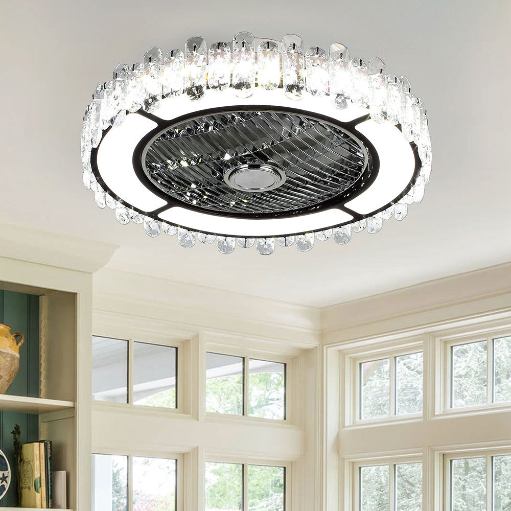 Round Crystal Flush Mount LED Tri-Colour Temperature Ceiling Fan Light