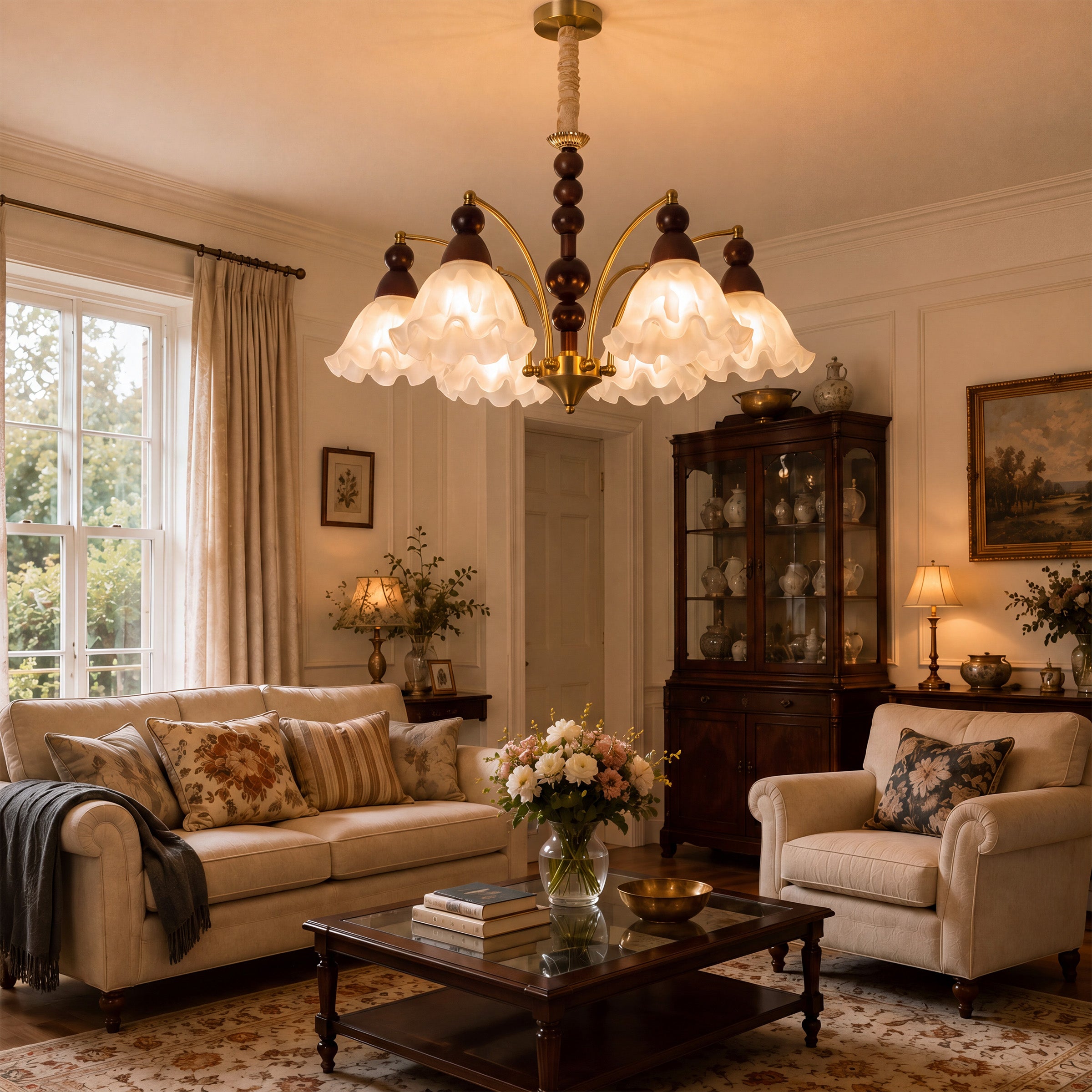 6-light chandelier with white glass shades with close-up glass flower detail