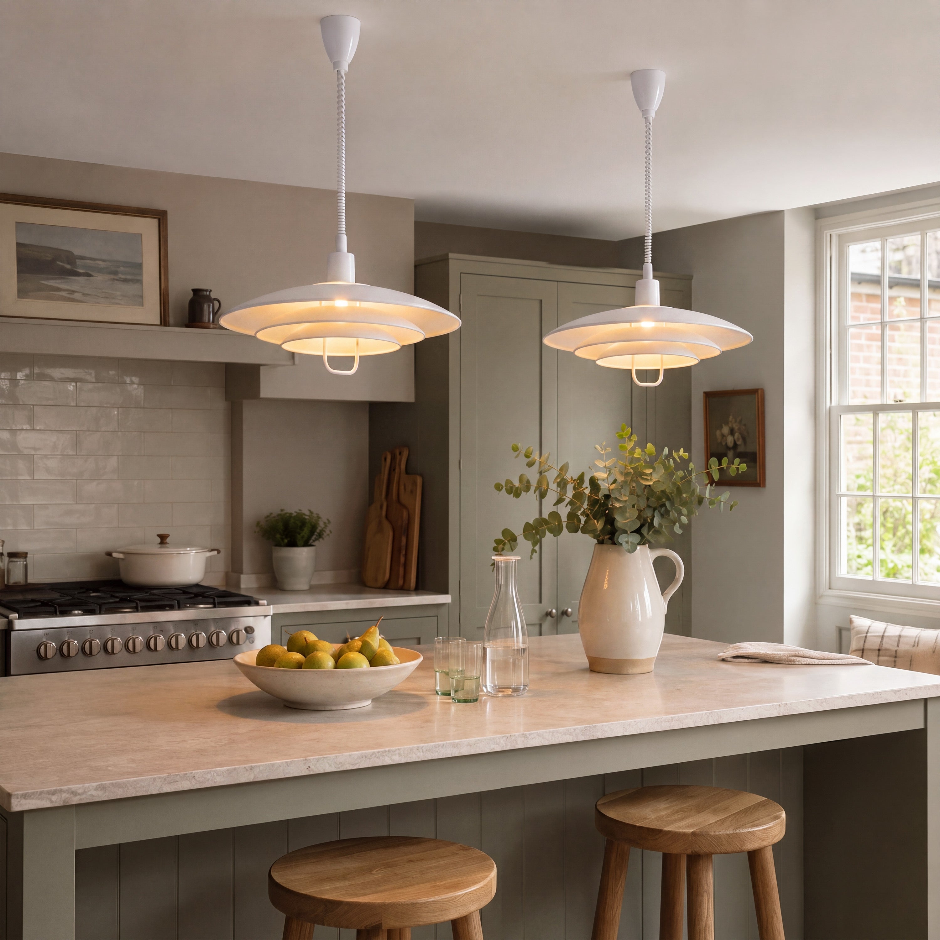 white layered minimalist pendant light shown as a clean product view