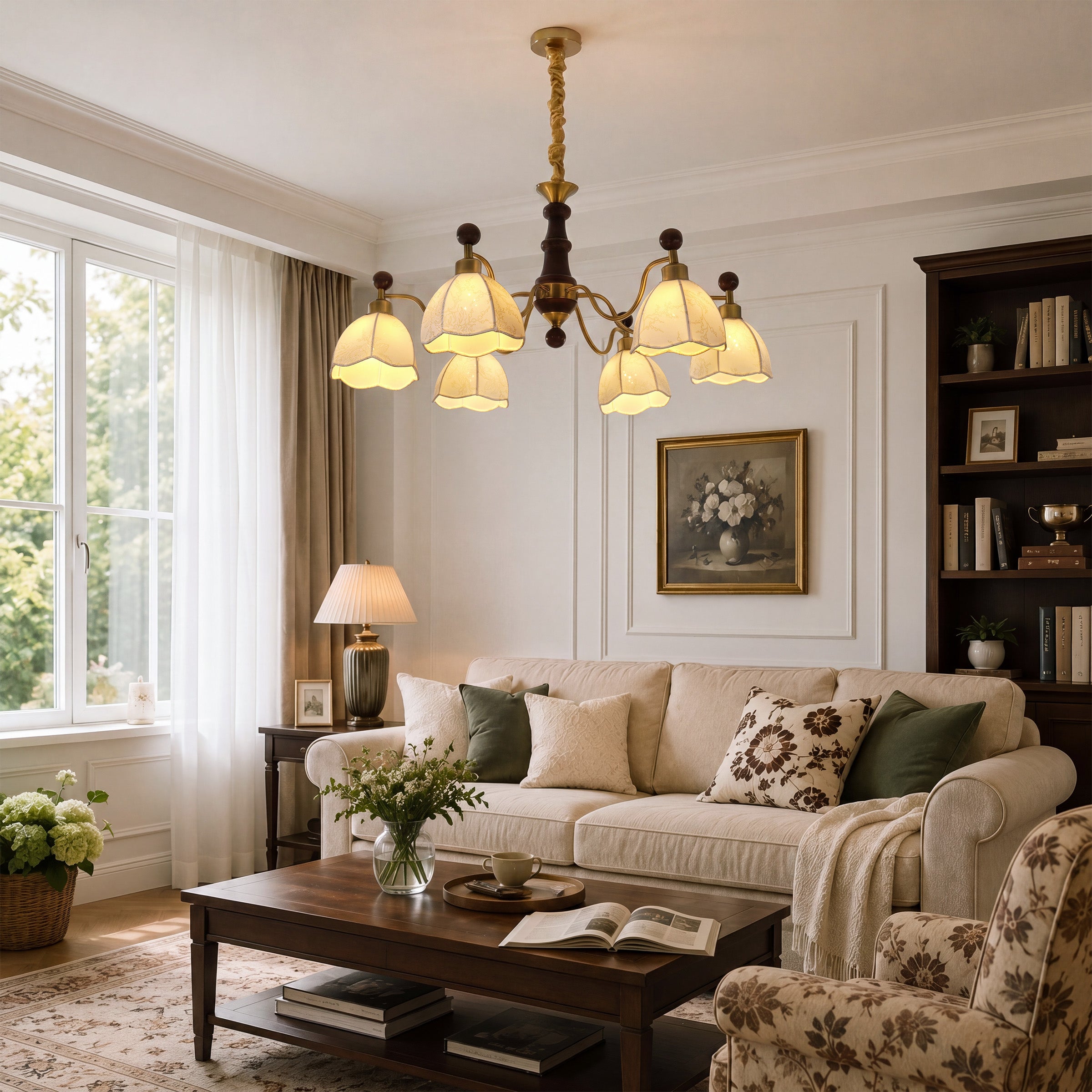 6-light chandelier with yellow fabric shades shown as a clean product view