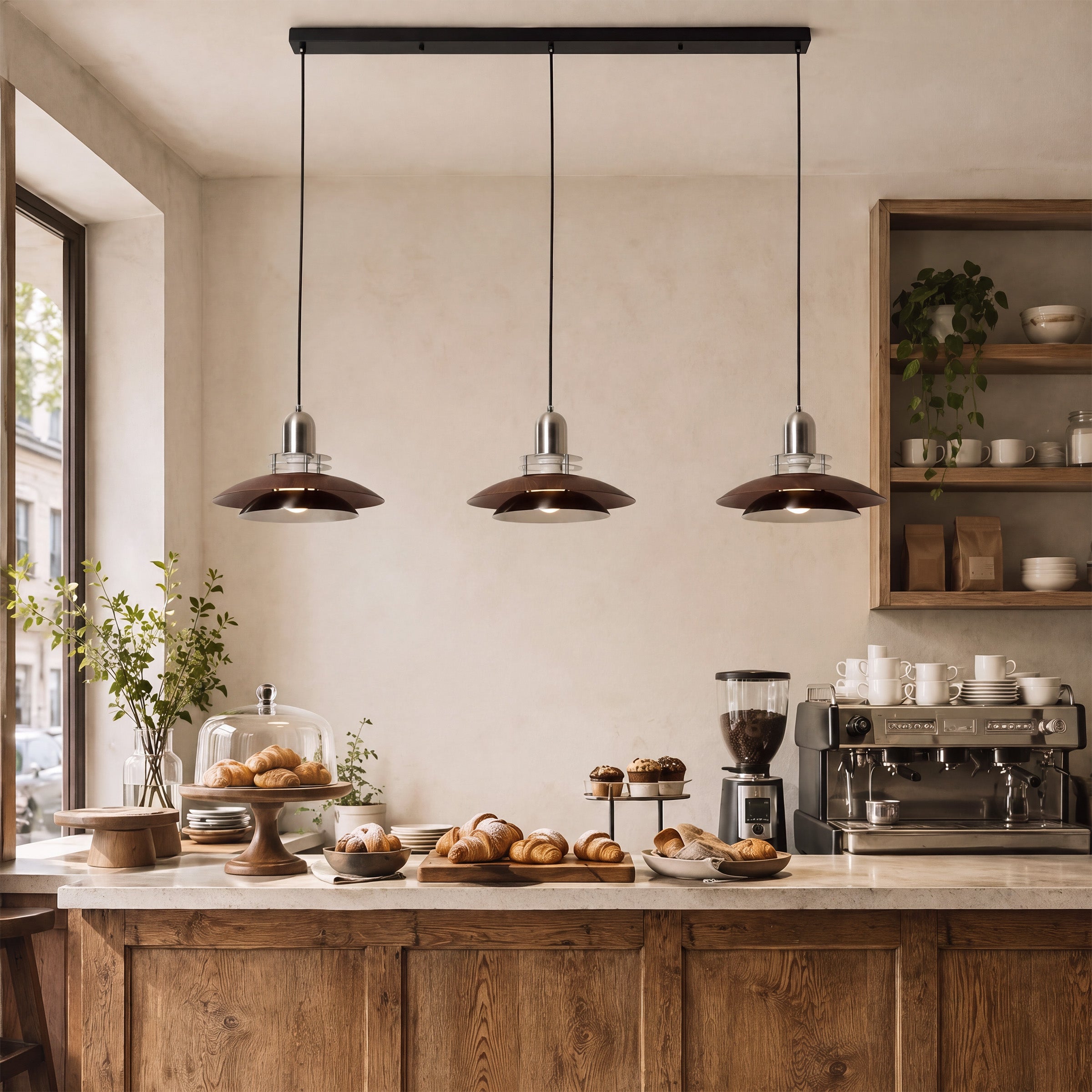 3-light walnut iron bar pendant with shade and canopy details