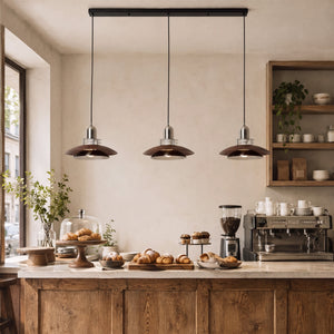 3-light walnut iron bar pendant with shade and canopy details