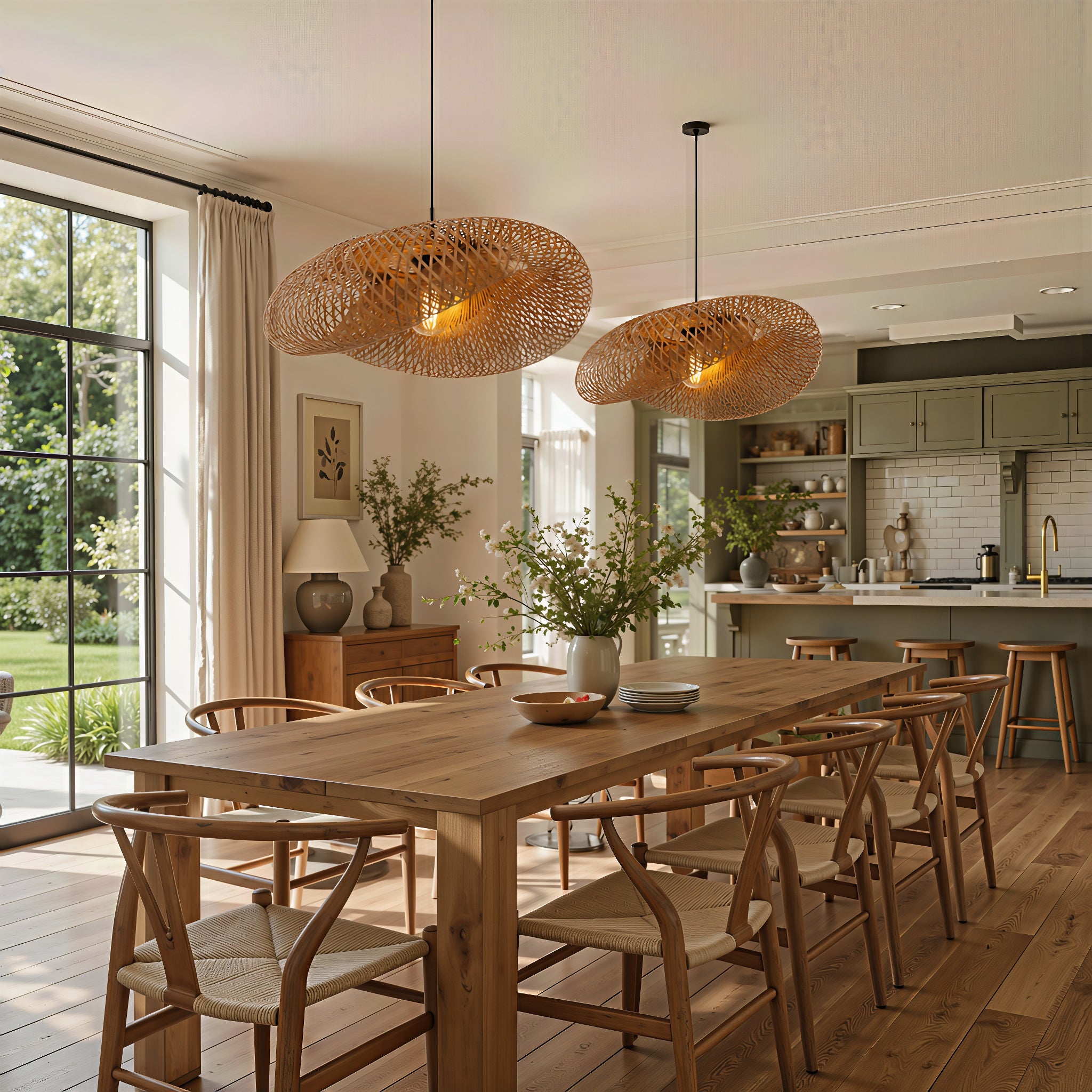 two bamboo pendant lights above a dining table in an open kitchen