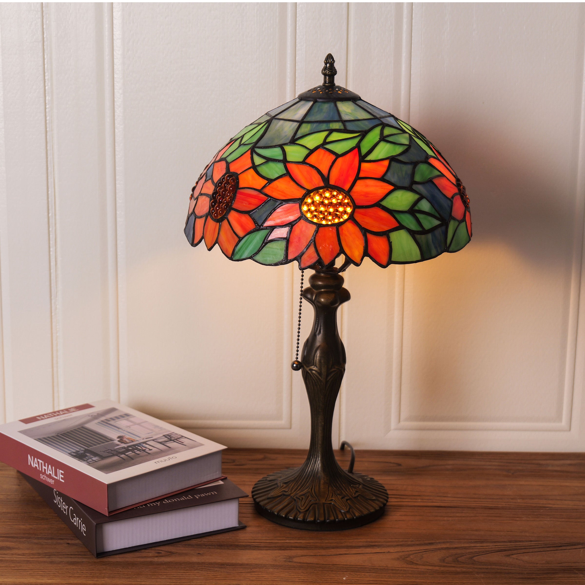 Tiffany Table Lamp | Handcrafted Stained Glass Floral Petals Series Green and Blue