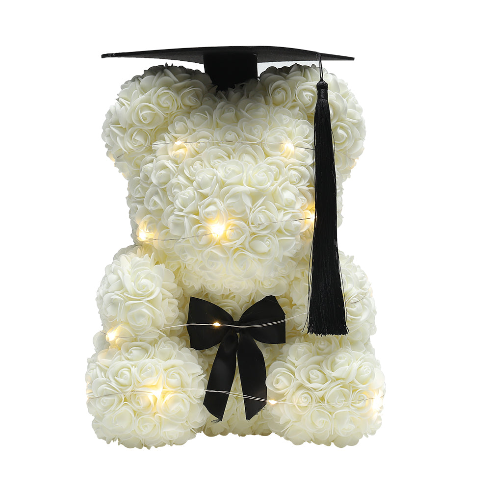 ‍Simulation Foam Forever Rose Teddy Bear Gift Box-Black Tassel Black Hat-Cream White (100% off)