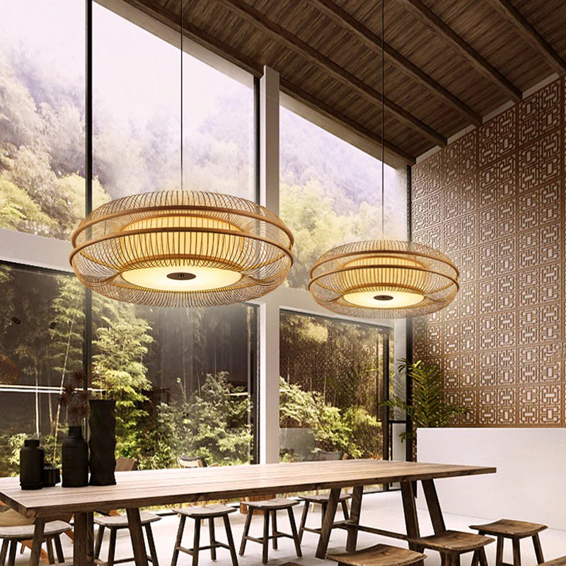 Hanging LED Bamboo Pendant Light Drum-Shaped 45/60/70/80 Dia