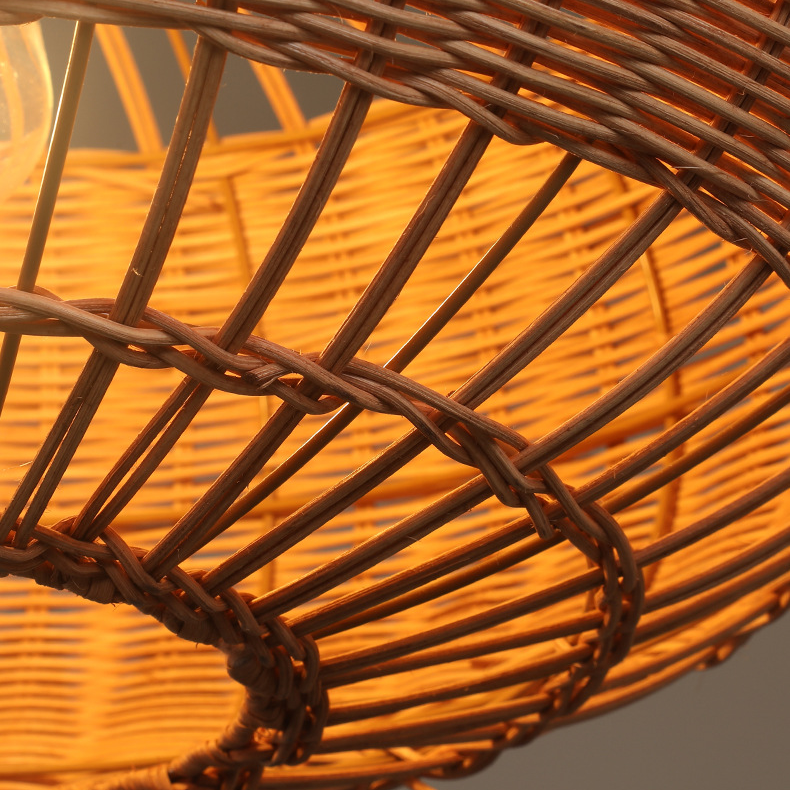 Handcrafted Rattan Pendant Light in Flat Round Basket Shape