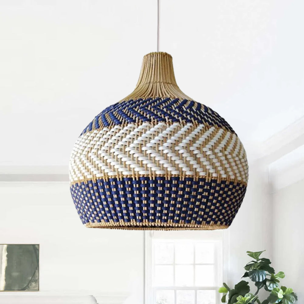 Handwoven Blue and White Rattan Pendant Light