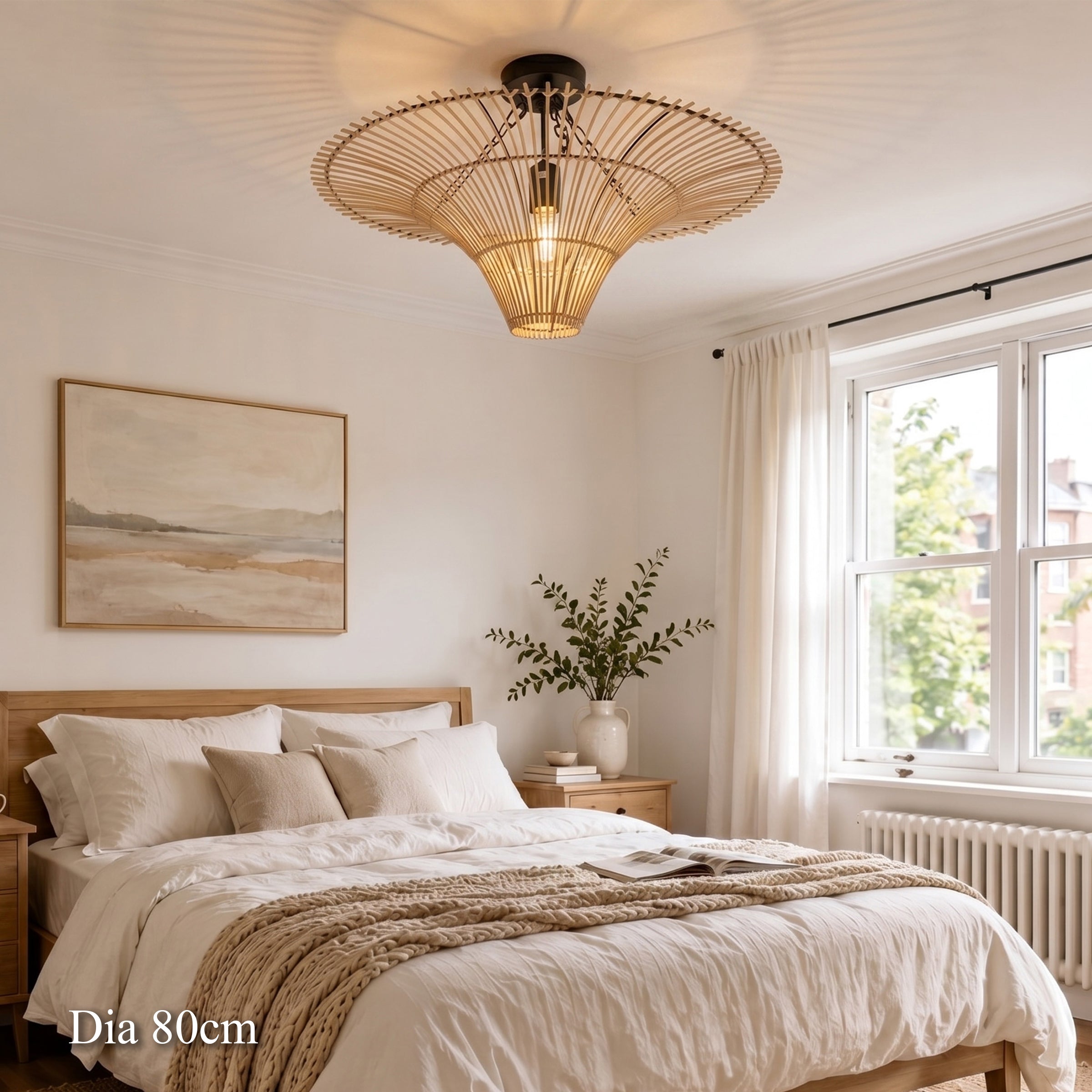 80cm handwoven rattan ceiling light adding warm texture above a bedroom