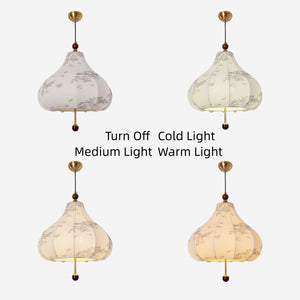 yellow floral fabric pendant light in a warm living room