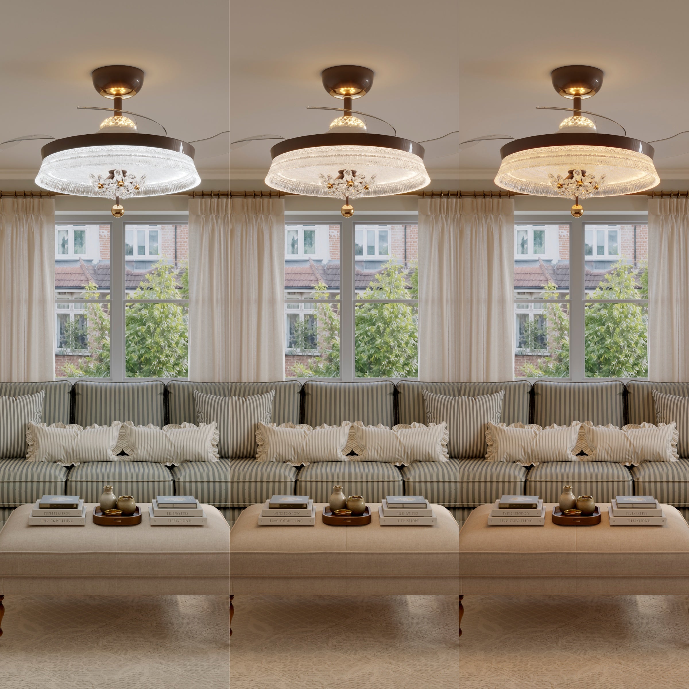 36 inch ceiling fan with dimmable LED light in a neutral lounge setting