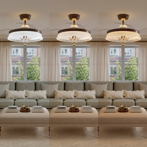 36 inch ceiling fan with dimmable LED light in a neutral lounge setting