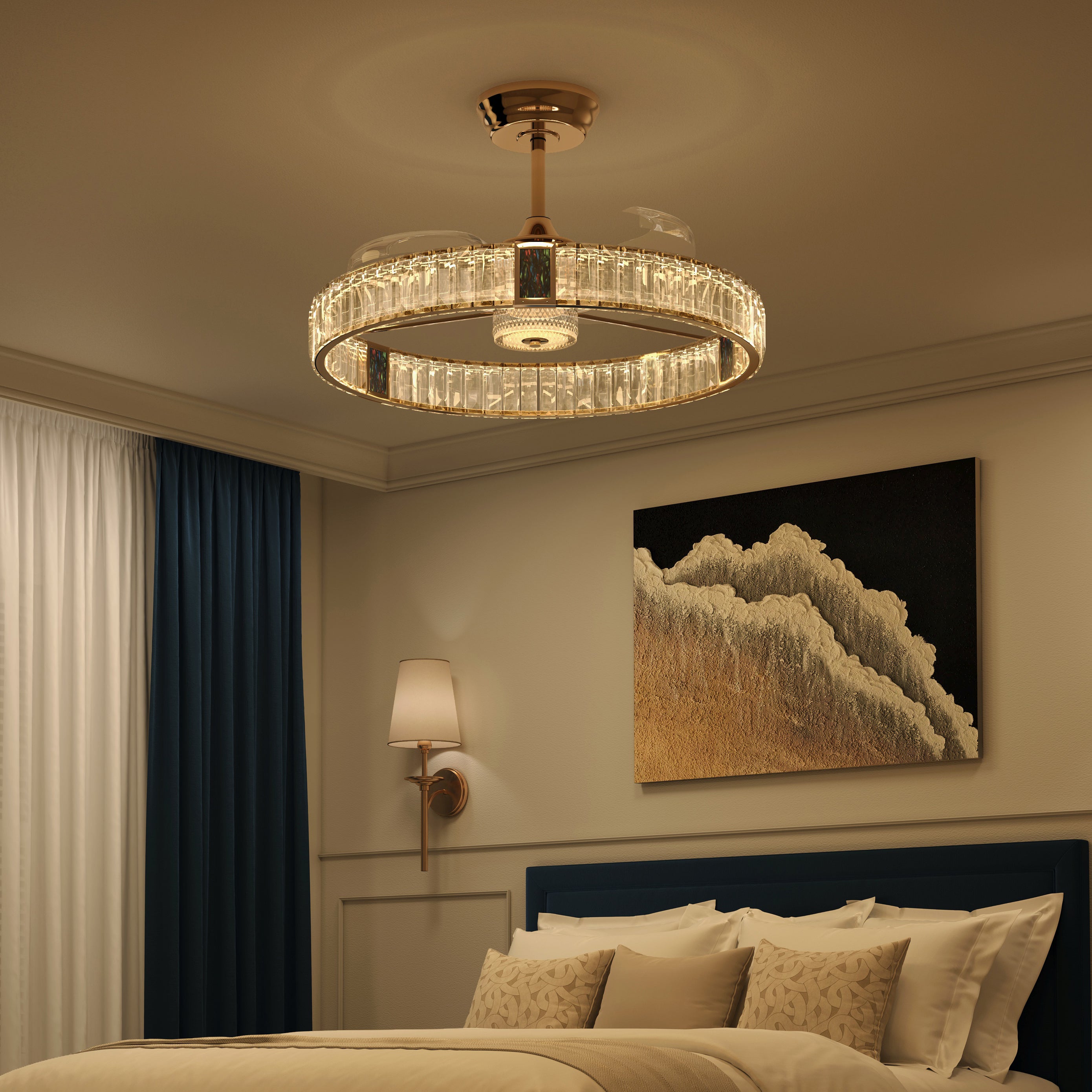 Gold ceiling fan light with remote control for bedroom, living room or dining room