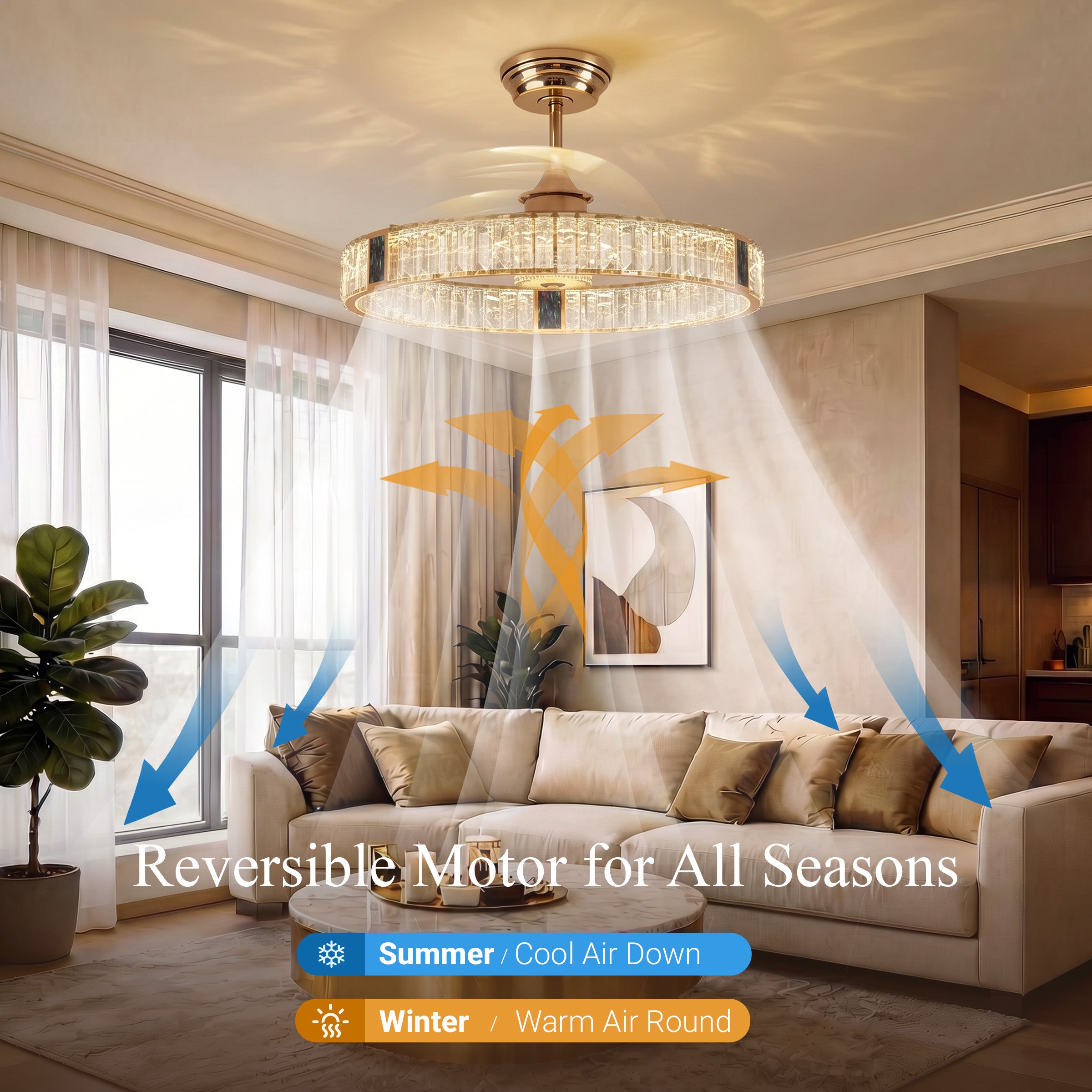 Gold ceiling fan with LED light and crystal accents for elegant room lighting