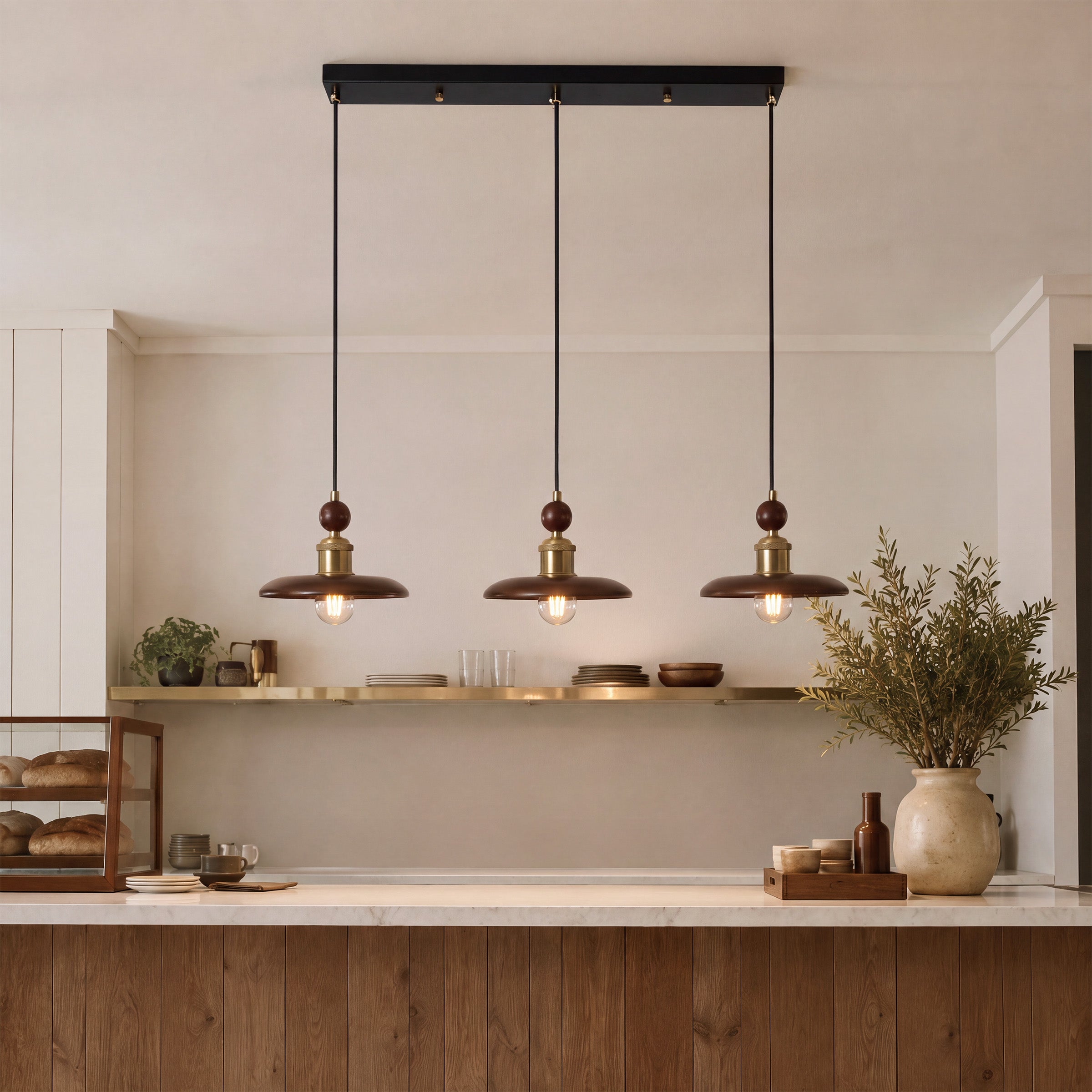 3-light walnut wood mini pendant with shade and canopy details