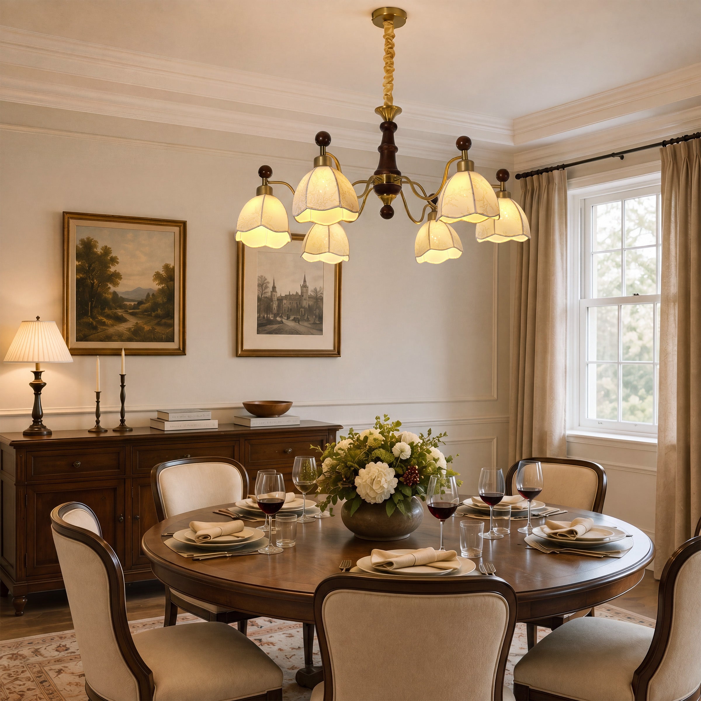 6-light chandelier with yellow fabric shades with canopy and shade details