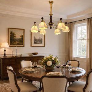 6-light chandelier with yellow fabric shades with canopy and shade details