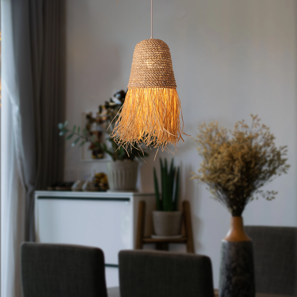 Handcrafted Woven Grass Vine Hat LED Pendant Light