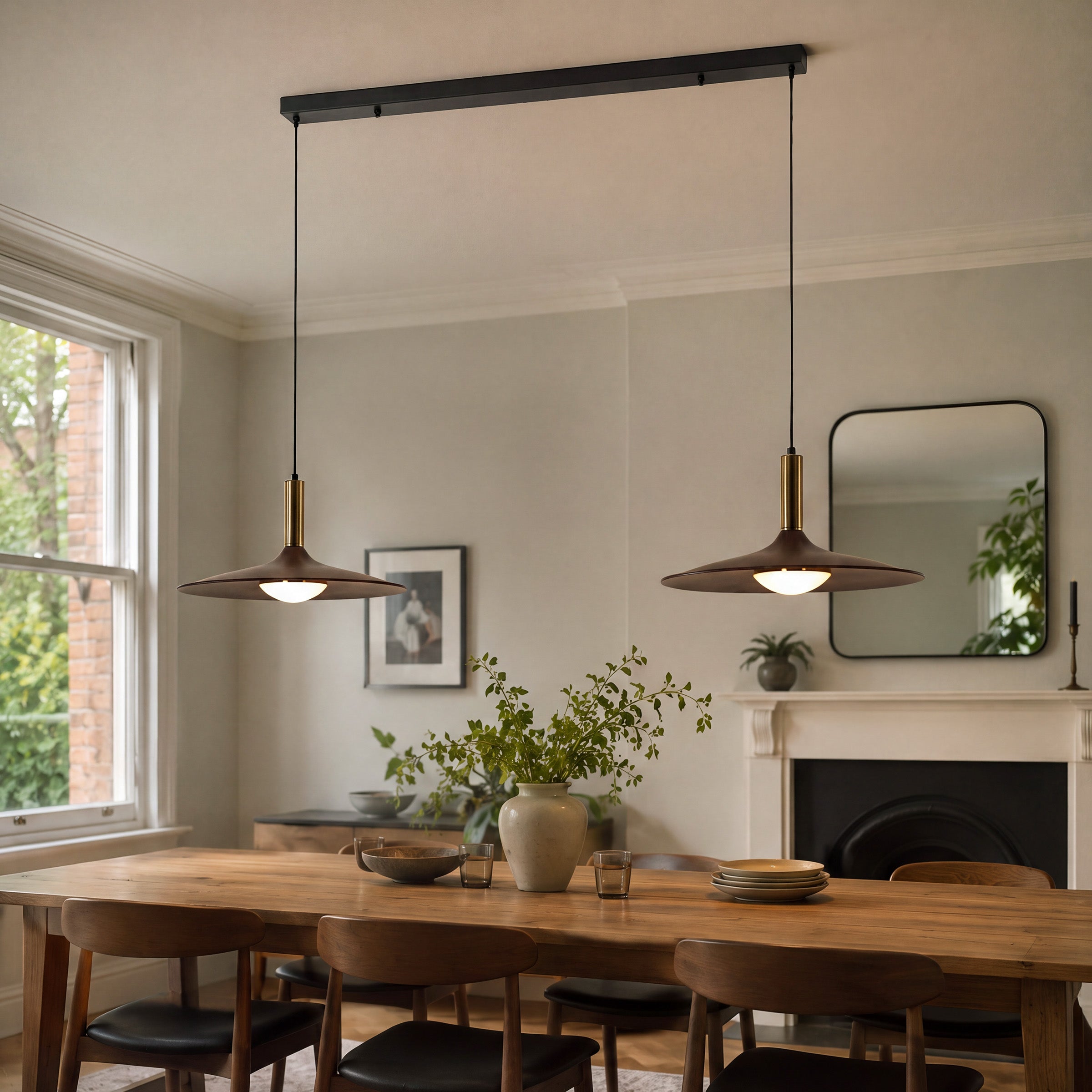 walnut double pendant light over a kitchen island