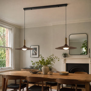 walnut double pendant light over a kitchen island
