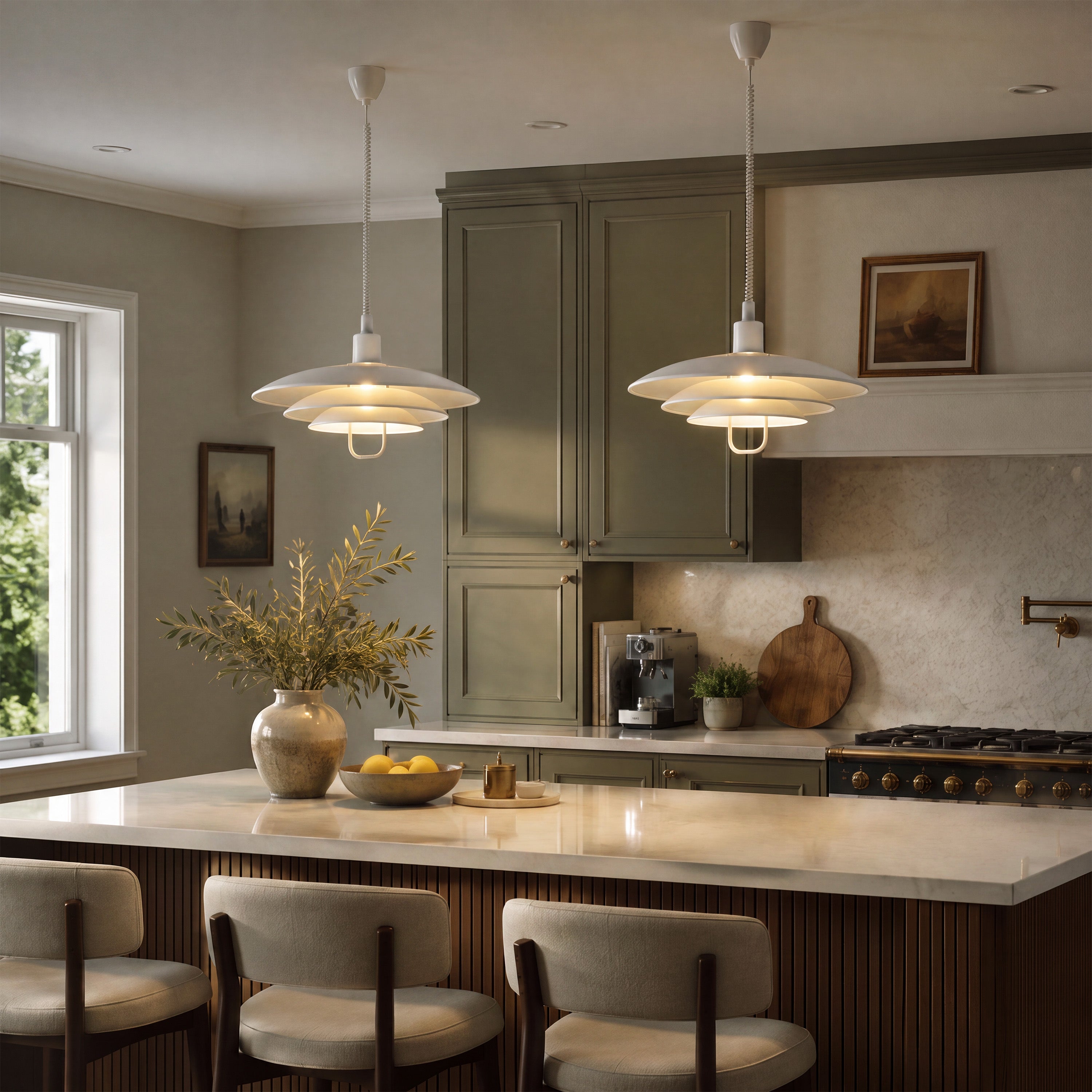 white layered minimalist pendant light with shade and canopy details