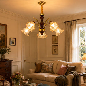5-light copper chandelier with flower glass shades with close-up glass flower detail