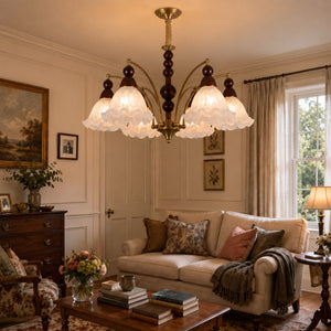 6-light chandelier with white glass shades with canopy and shade details