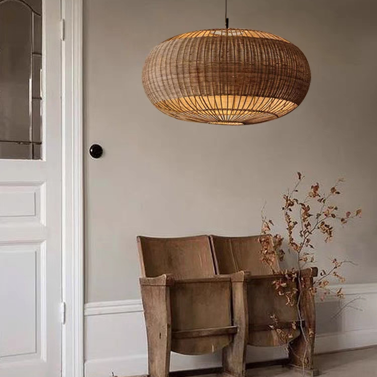 Handcrafted Rattan Pendant Light in Flat Round Basket Shape