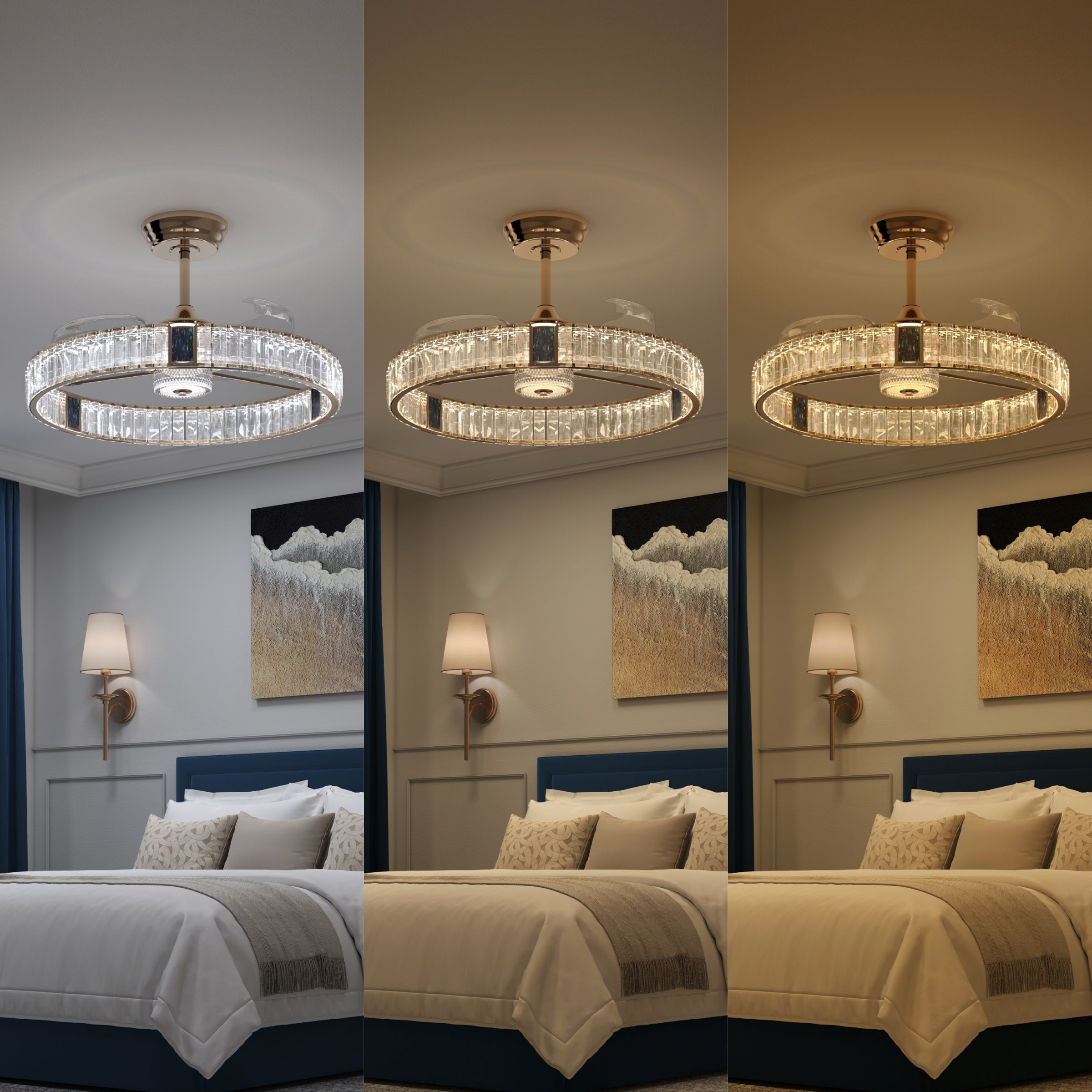 Reversible gold crystal ceiling fan with light for summer and winter airflow