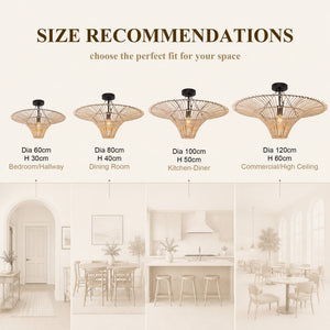 Size guide for 60cm to 120cm flying saucer rattan ceiling lights by room