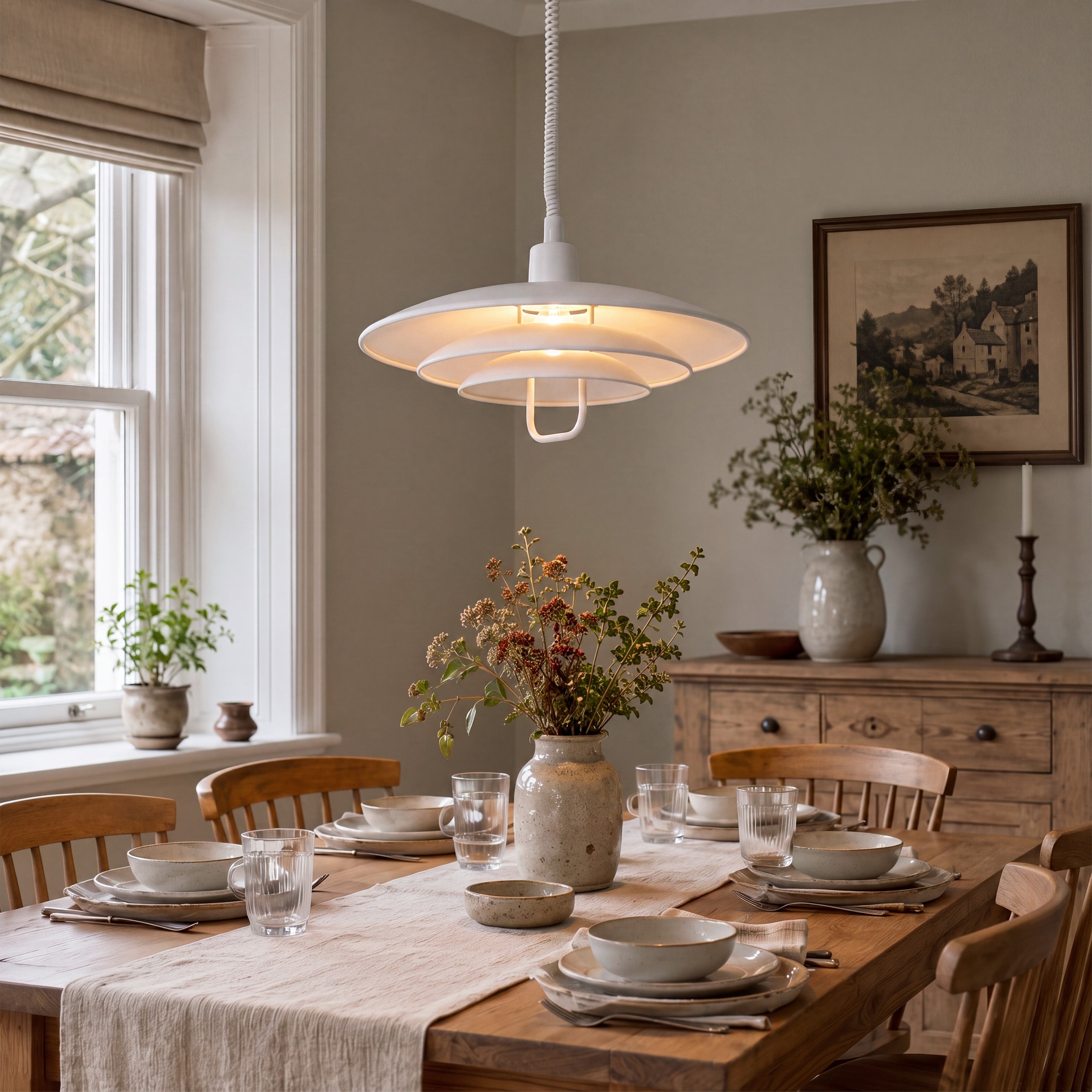 white layered minimalist pendant light in a warm living room