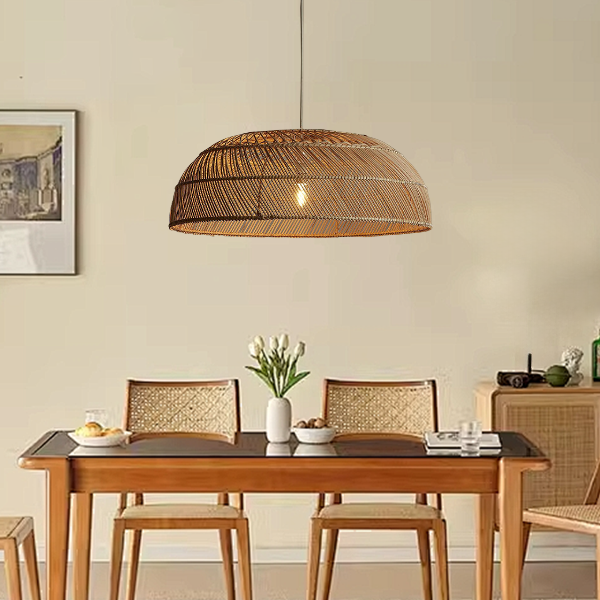 Handcrafted Rattan LED Lid-Shaped Pendant Light