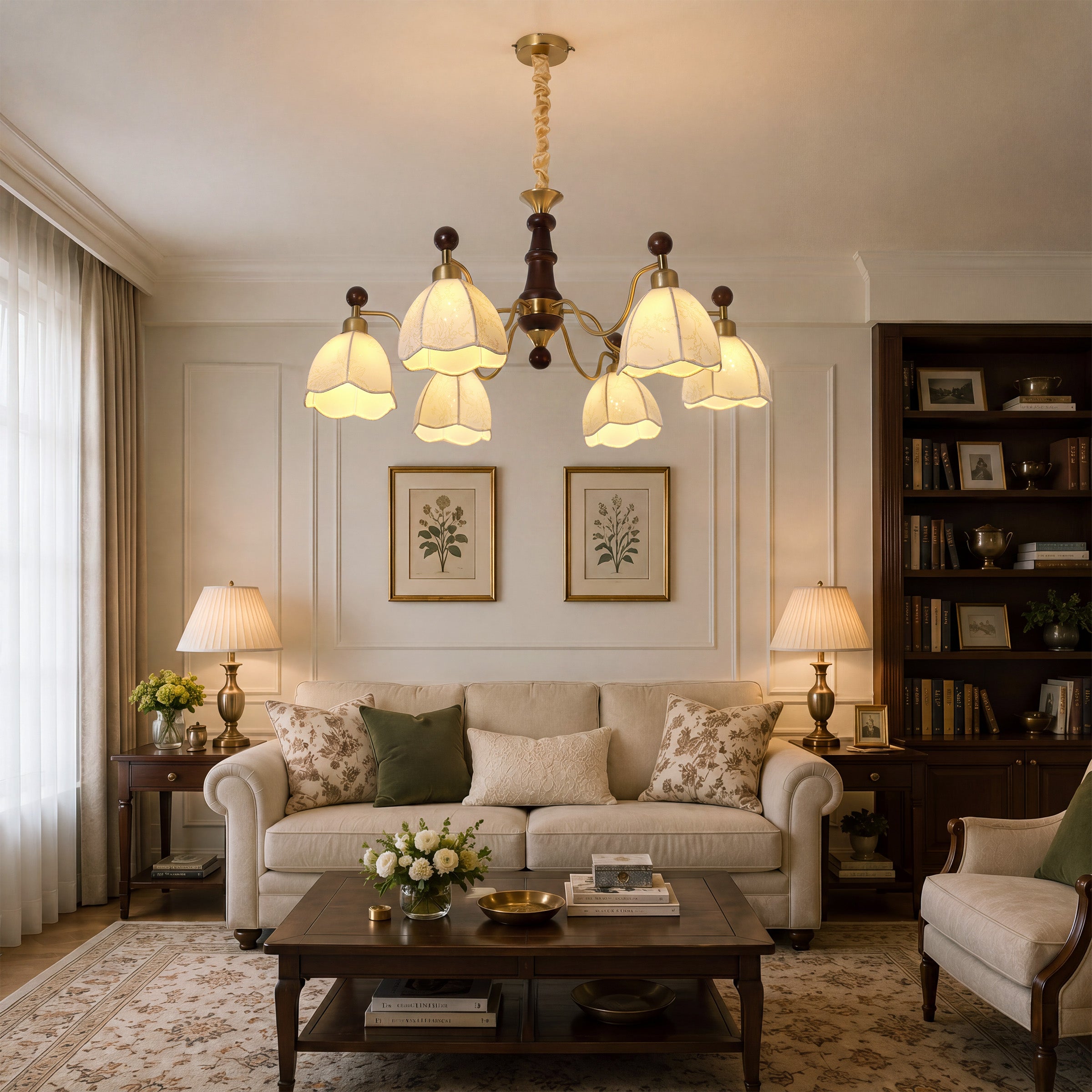6-light chandelier with yellow fabric shades with close-up glass flower detail