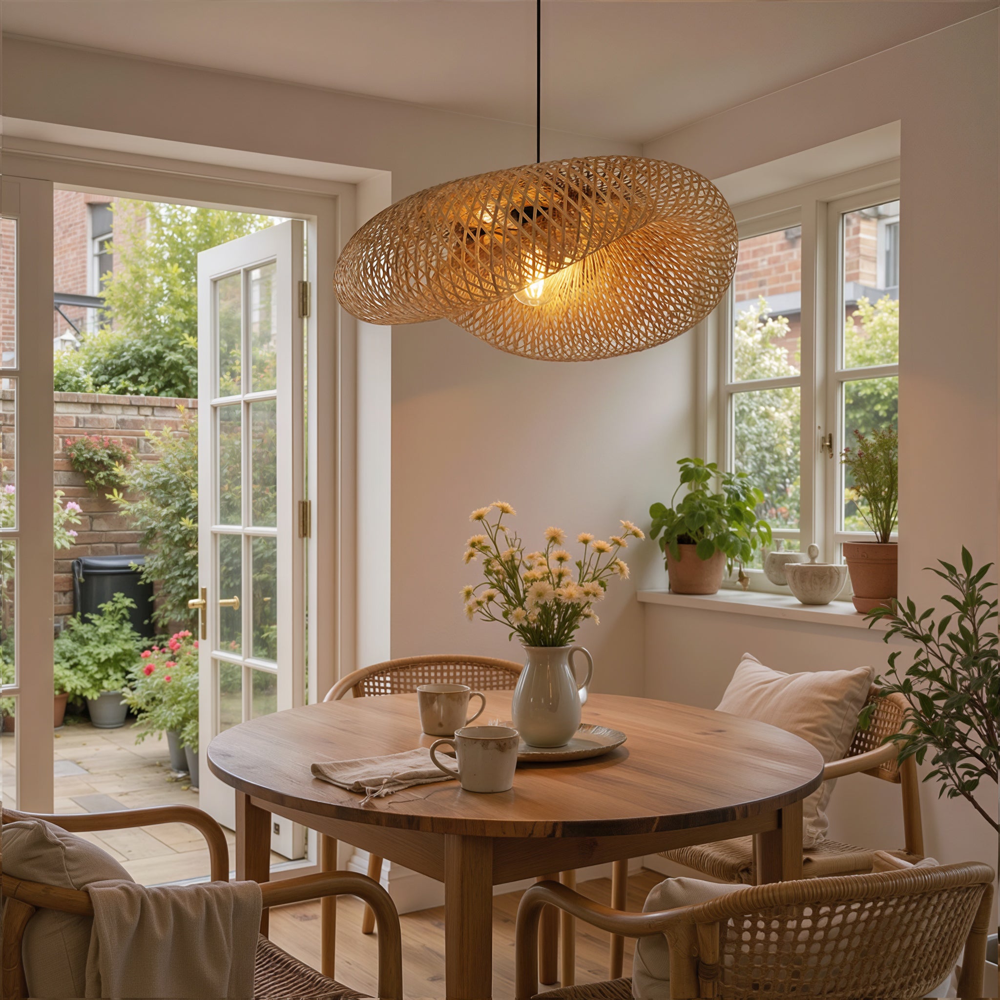 woven bamboo pendant light above a cosy round dining table