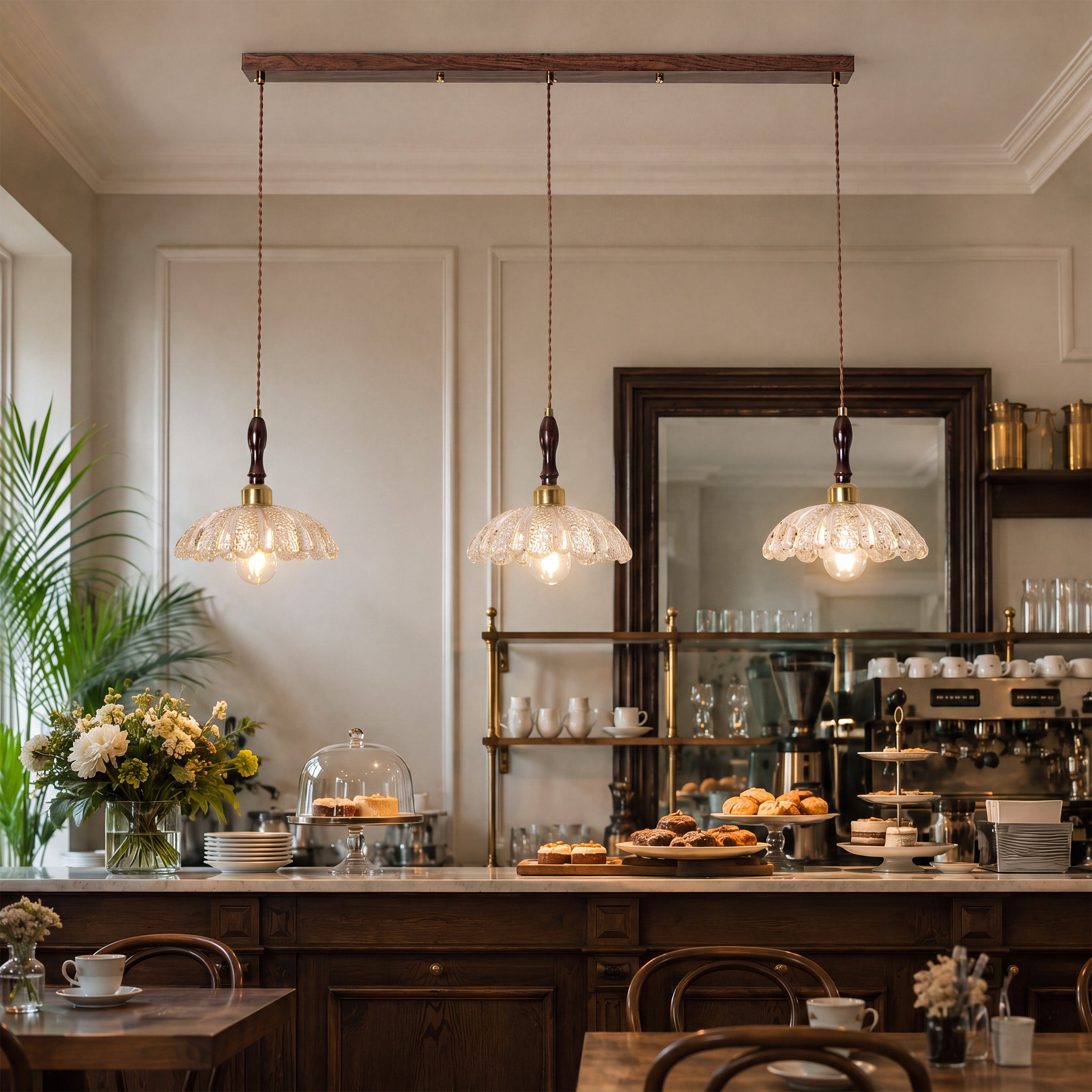 3-light walnut resin mini pendant beside a cosy seating area