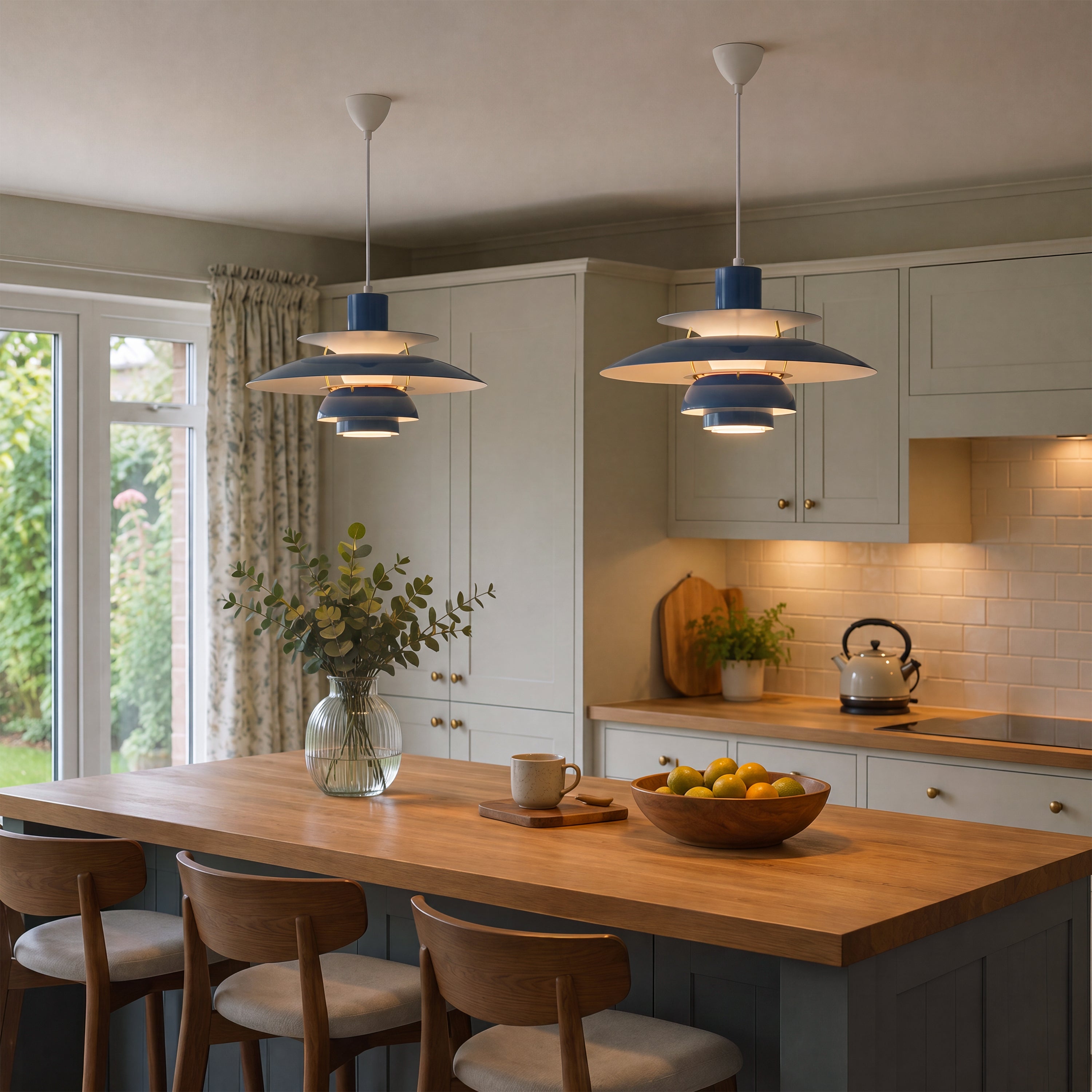 blue layered minimalist pendant light in a warm living room